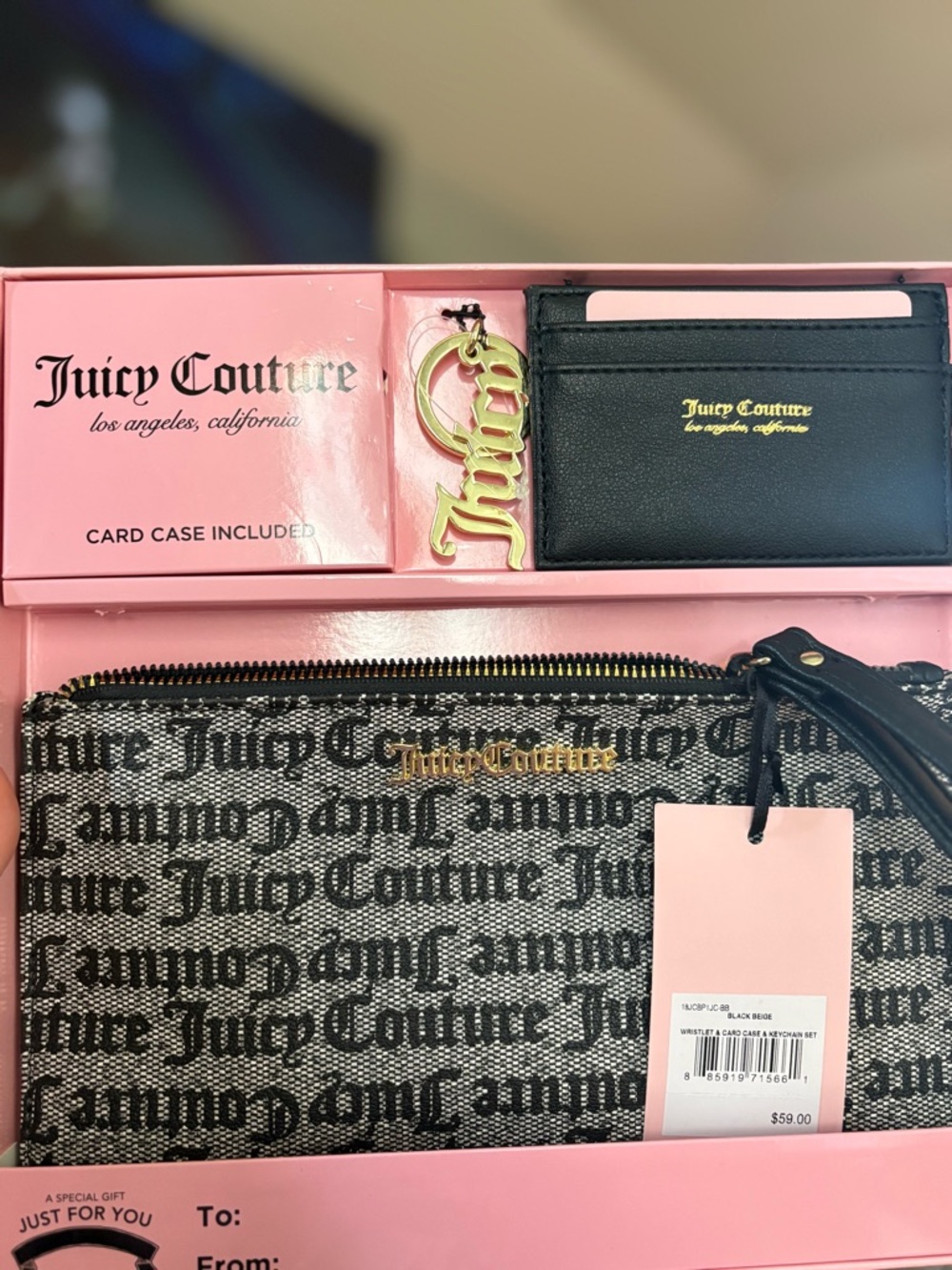 Juicy Couture Black Beige Logo Wristlet with Gold Accent